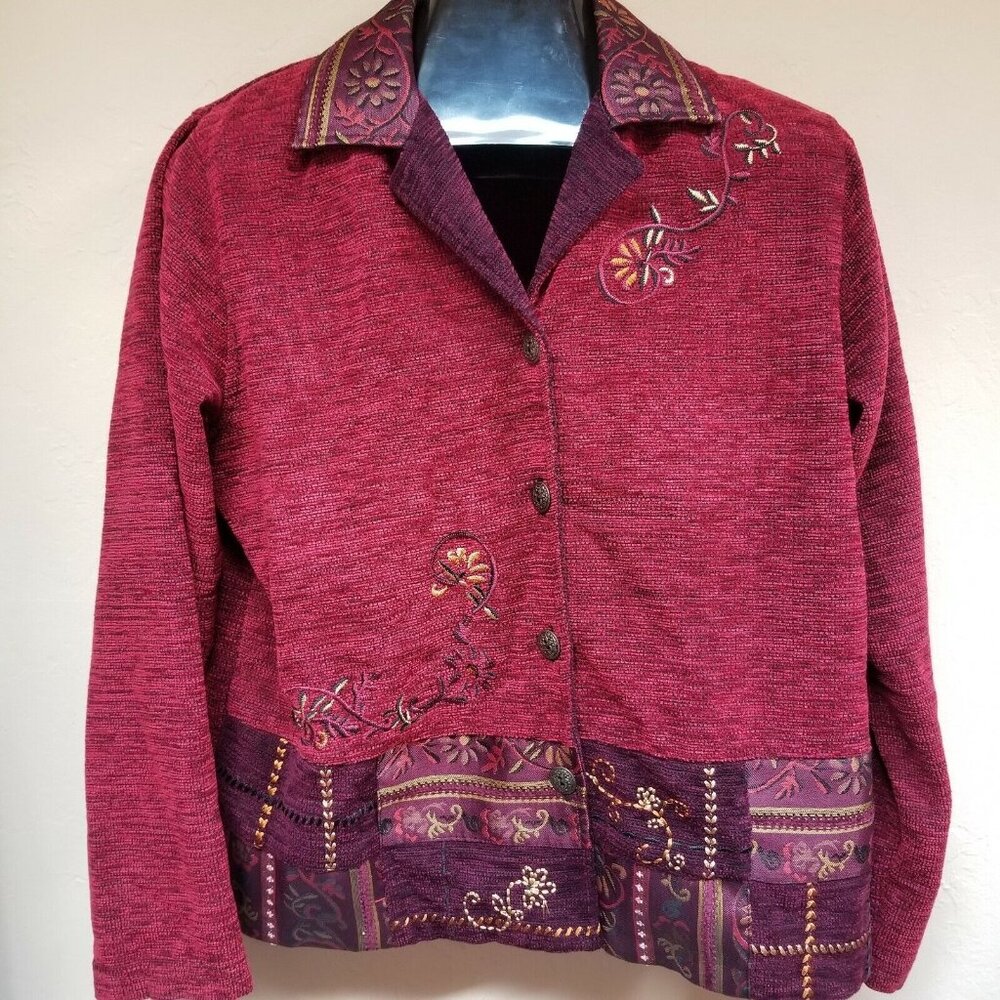 T & COMPANY Womens Medium Maroon Woven Embroidered Jacket Art to Wear Casual